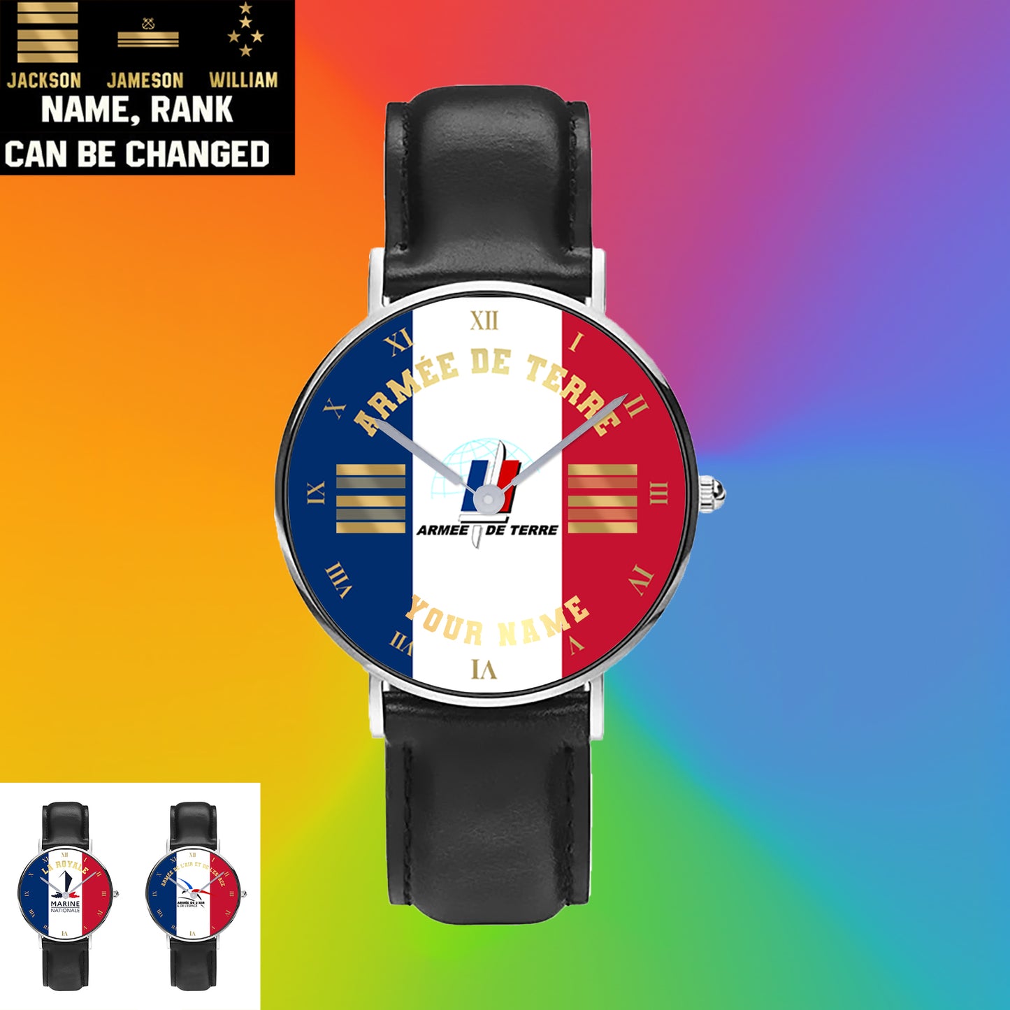 Montre Personnalisée Soldat/Vétéran France Avec Nom Et Grade En Cuir Noir Surpiqué - 0803240001 - Version Or