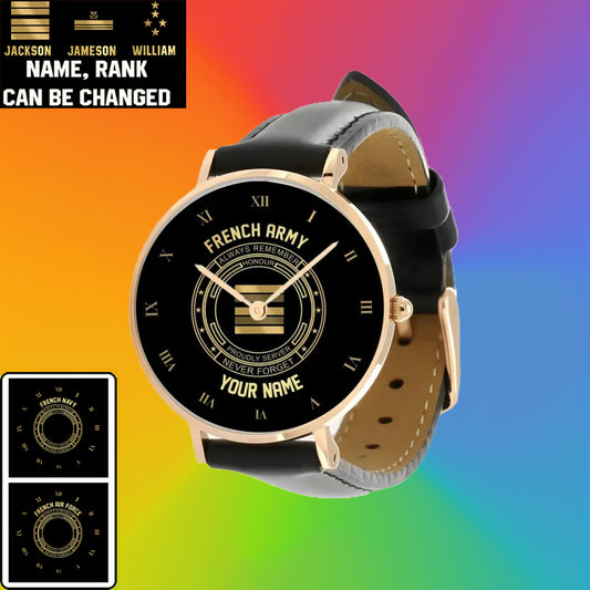 Montre Personnalisée Soldat/Vétéran France Avec Nom, Grade Cuir Noir Surpiqué - 2803240001 - Version Or