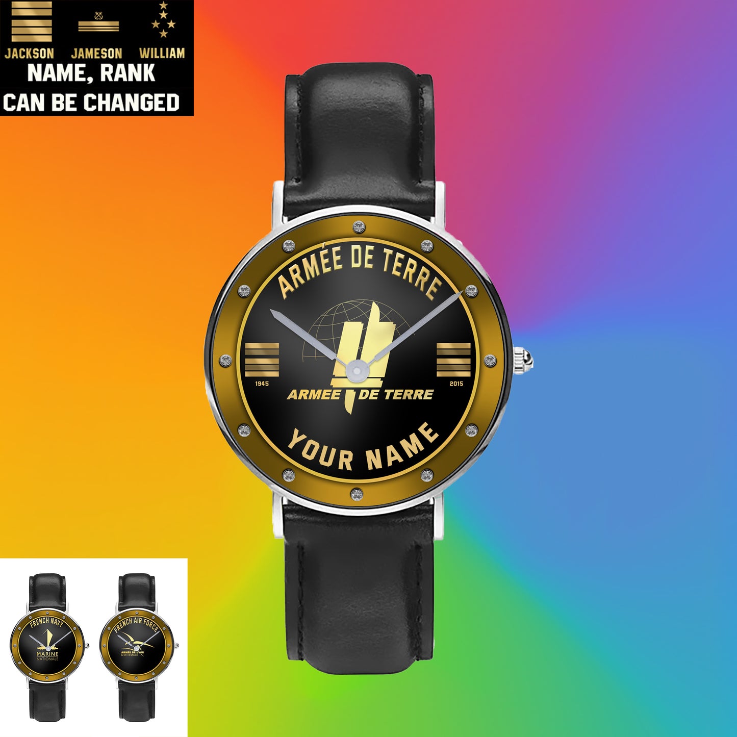 Personalized France Soldier/ Veteran With Name, Rank And Year Black Stitched Leather Watch - 1803240001 - Gold Version