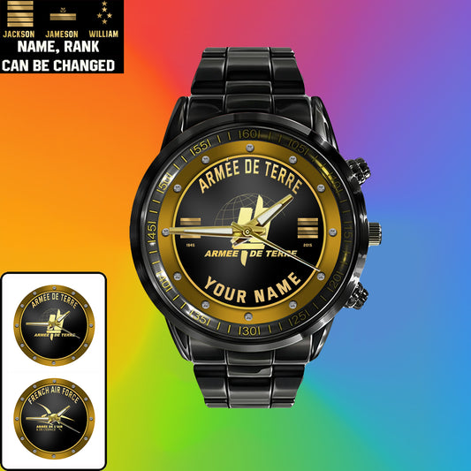 Personalized France Soldier/ Veteran With Name, Rank And Year Black Stainless Steel Watch - 1803240001 - Gold Version