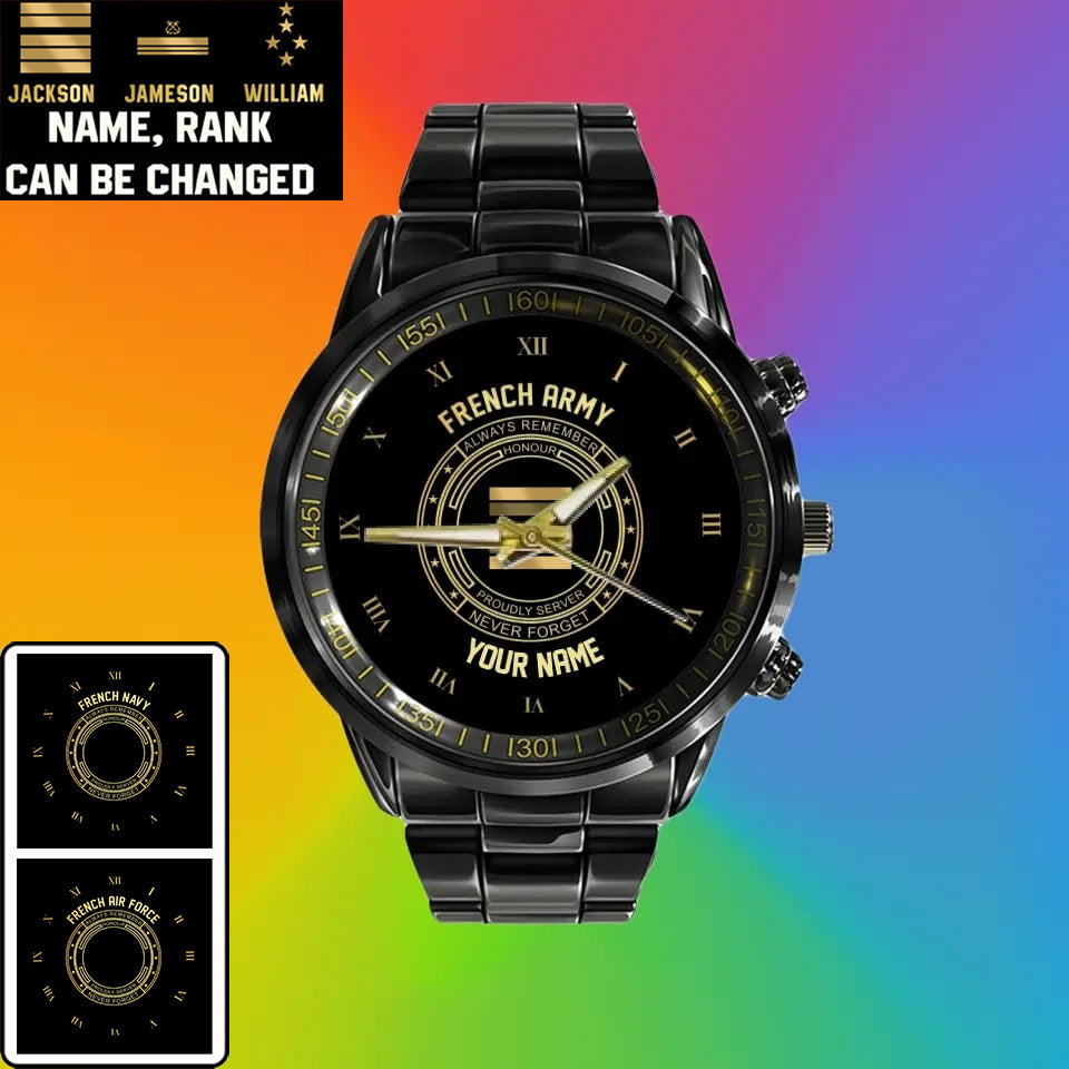 Personalized France Soldier/ Veteran With Name And Rank Black Stainless Steel Watch - 2803240001 - Gold Version