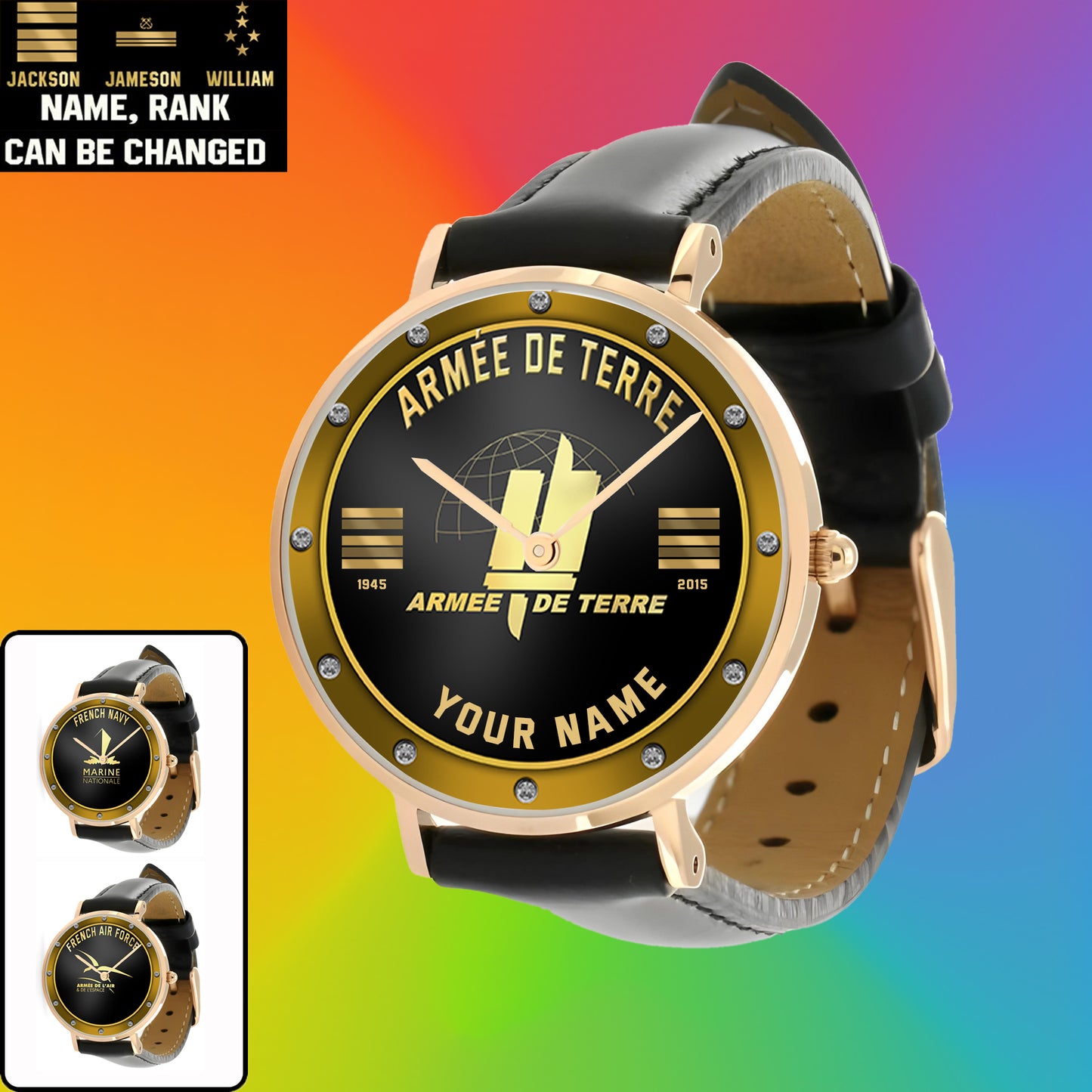 Montre Personnalisée Soldat/Vétéran France Avec Nom, Grade Et Année En Cuir Noir Surpiqué - 1803240001 - Version Or