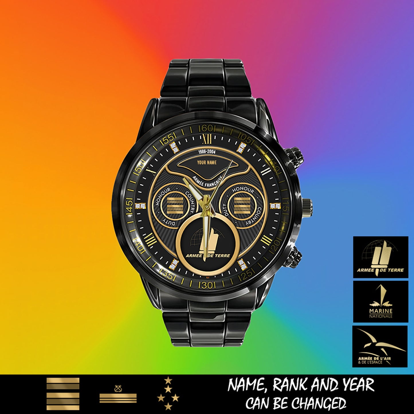 Personalized France Soldier/ Veteran With Name, Rank And Year Black Stainless Steel Watch - 17286660 - Gold Version