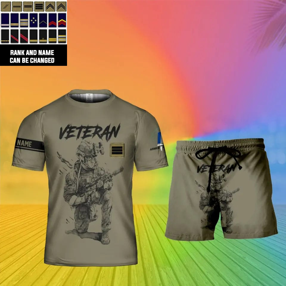 Personalisiertes französisches Soldaten-/Veteranen-Tarnmuster mit Namen und Rang, Kombi-T-Shirt + Short, 3D-Druck – 1720569602