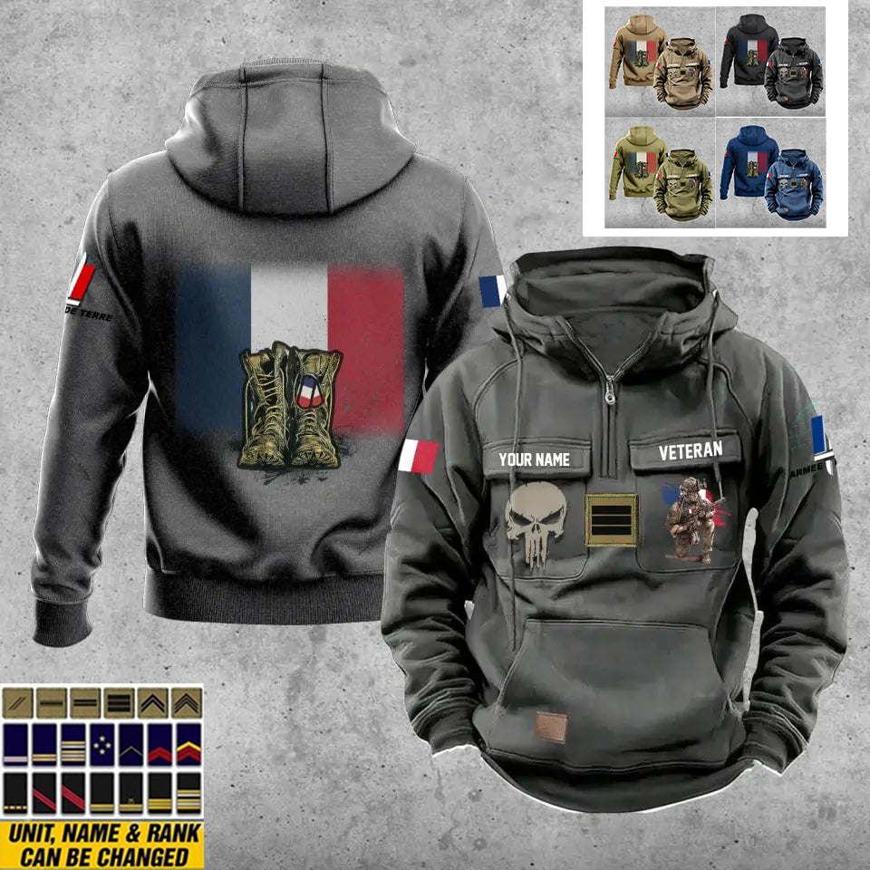 Sweat à capuche vintage personnalisé soldat/vétéran de la France avec grade et nom imprimé sur toute la surface - 17203968