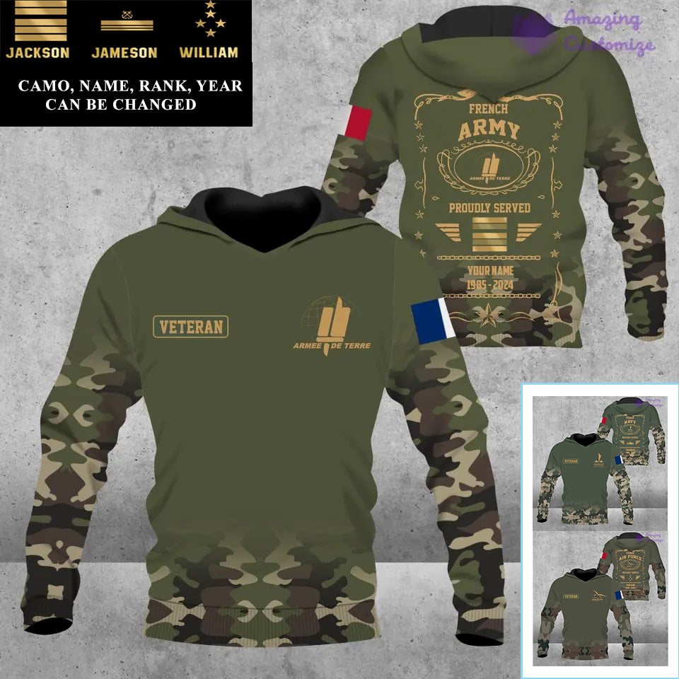 Sweat à capuche personnalisé avec camouflage soldat/vétéran de la France avec nom, année et grade imprimés sur toute la surface - 1721606402