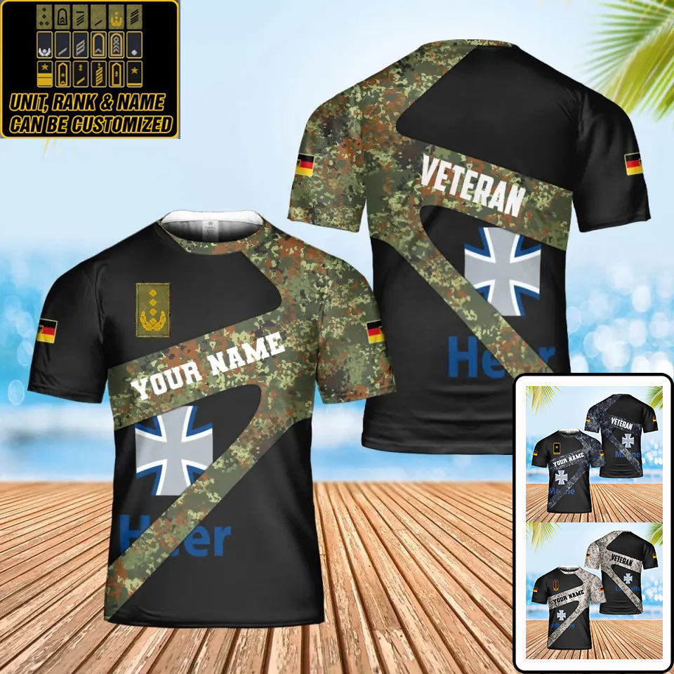 Personalisiertes T-Shirt mit deutschem Soldaten-/Veteranen-Tarnmuster mit Namen und Rang, 3D-Druck – 3001240001