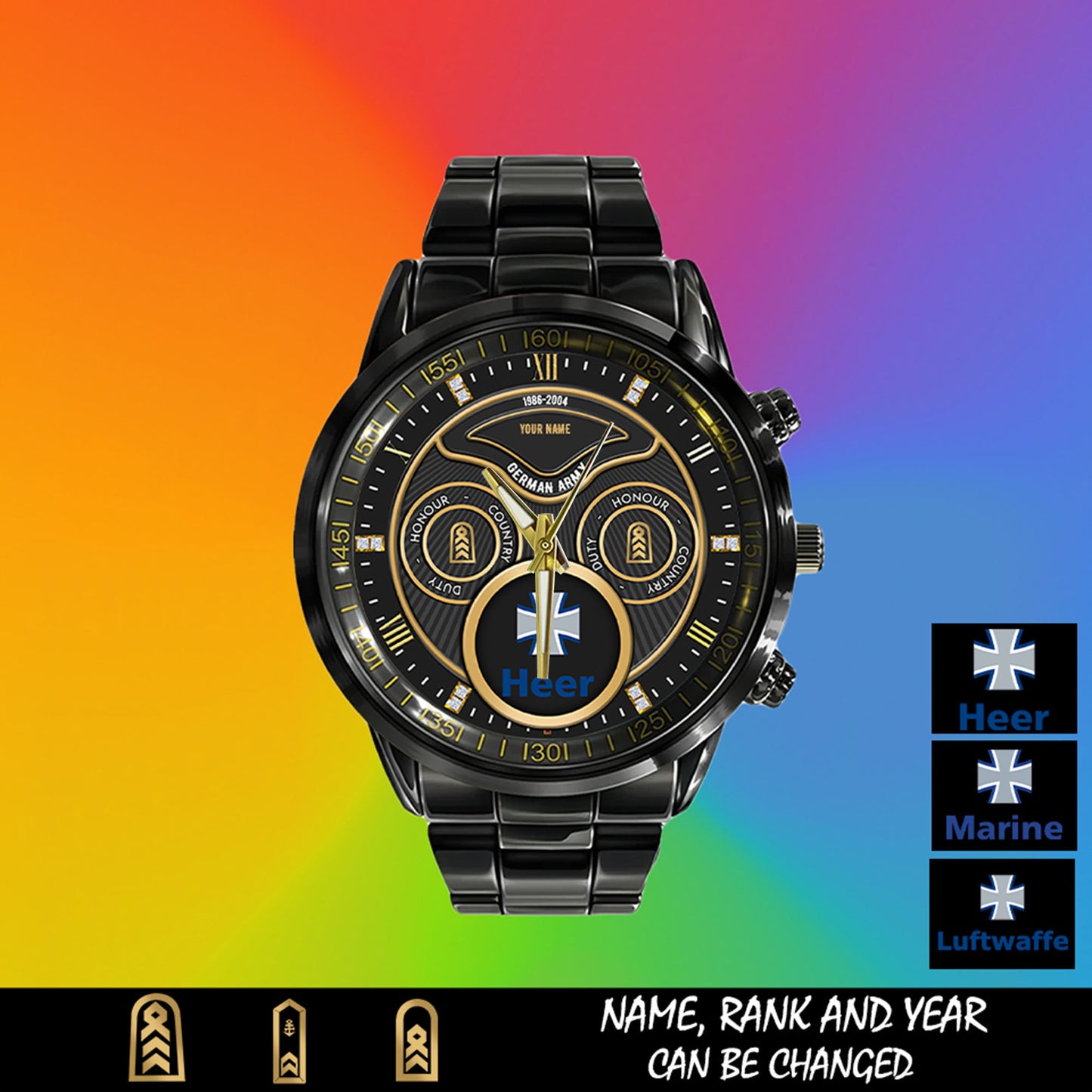 Personalized Germany Soldier/ Veteran With Name, Rank And Year Black Stainless Steel Watch - 17286660 - Gold Version