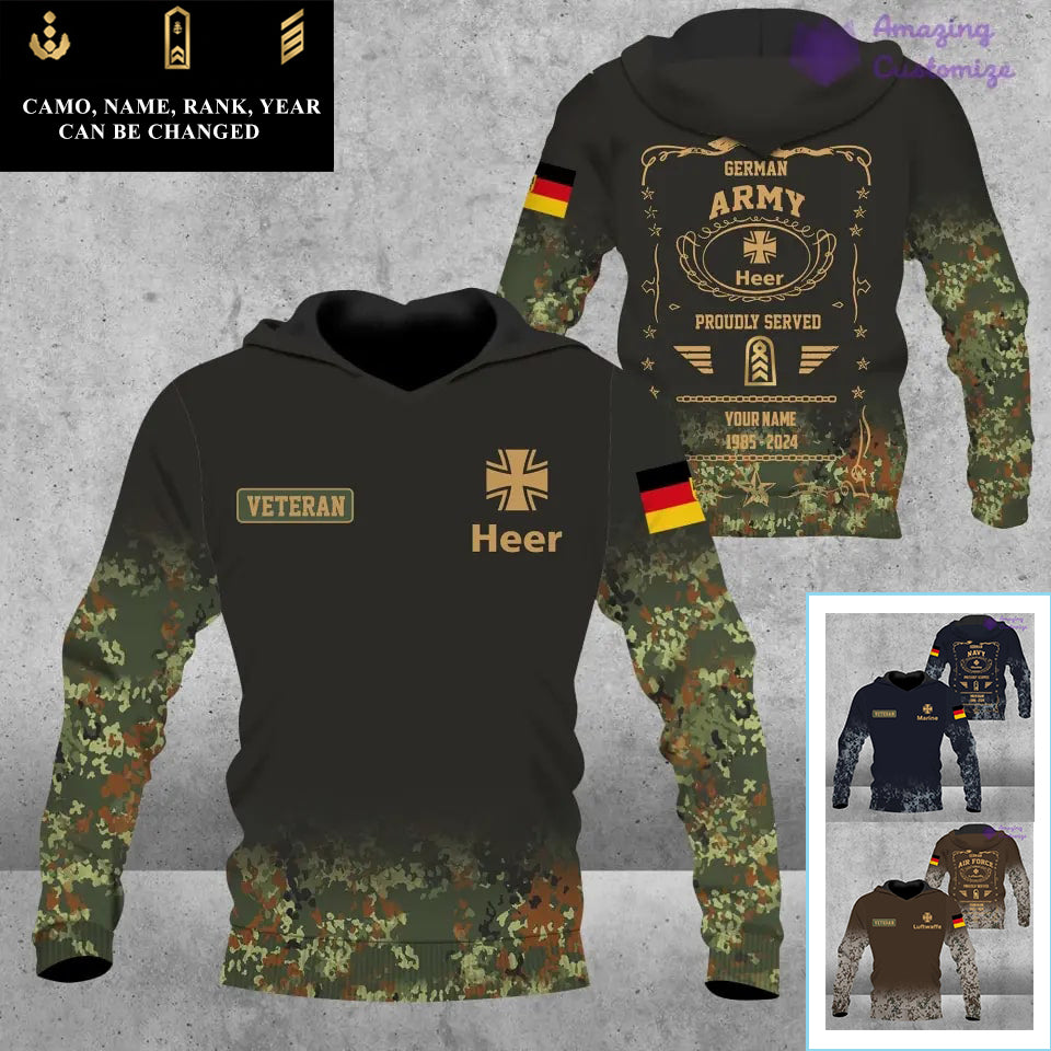 Personalisierter Kapuzenpullover mit Camouflage-Muster für deutsche Soldaten/Veteranen mit Namen, Jahr und Rang, komplett bedruckt – 1721606402