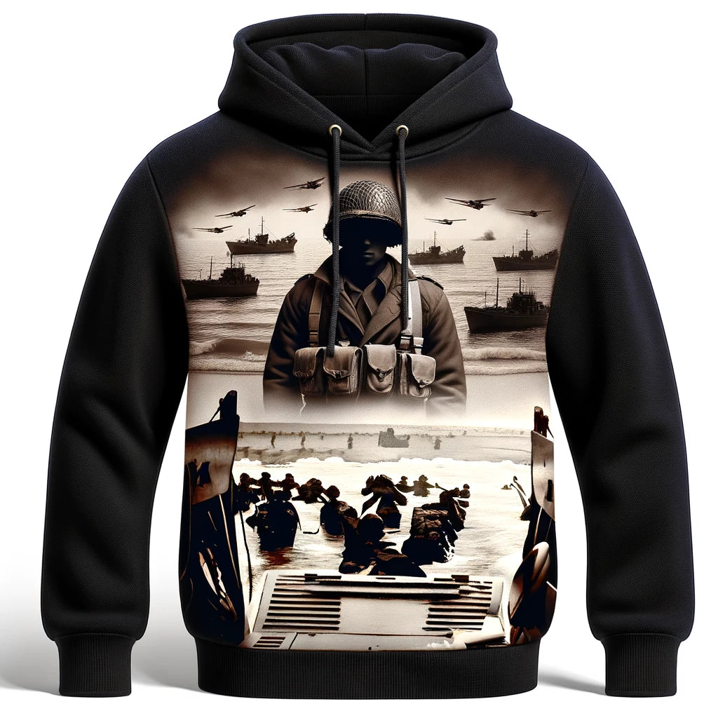 Hoodie emphasizing the Dieppe Raid in WWII with landing crafts and soldiers on the beach