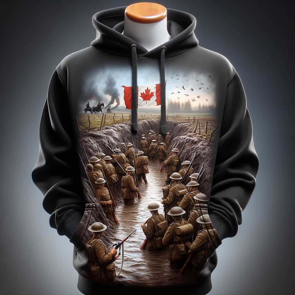 Hoodie featuring the Battle of Vimy Ridge during WWI with Canadian soldiers charging.