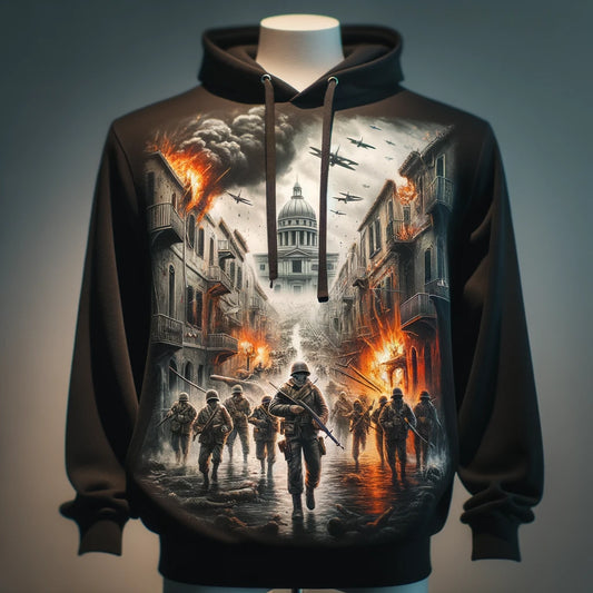 Hoodie showcasing the Battle of Ortona, capturing the intense urban warfare of WWII.