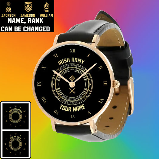 Montre personnalisée en cuir noir avec coutures noires pour soldat/vétéran irlandais avec nom et grade - 2803240001 - Version dorée