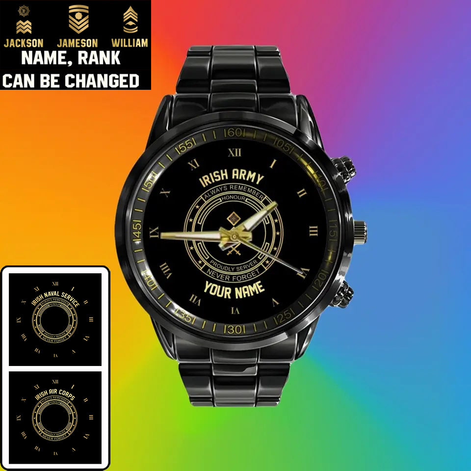 Personalized Ireland Soldier/ Veteran With Name And Rank Black Stainless Steel Watch - 2803240001 - Gold Version