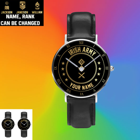 Personalisierte irische Soldat/Veteran mit Namen und Rang, schwarze genähte Lederuhr – 2003240001 – goldene Version