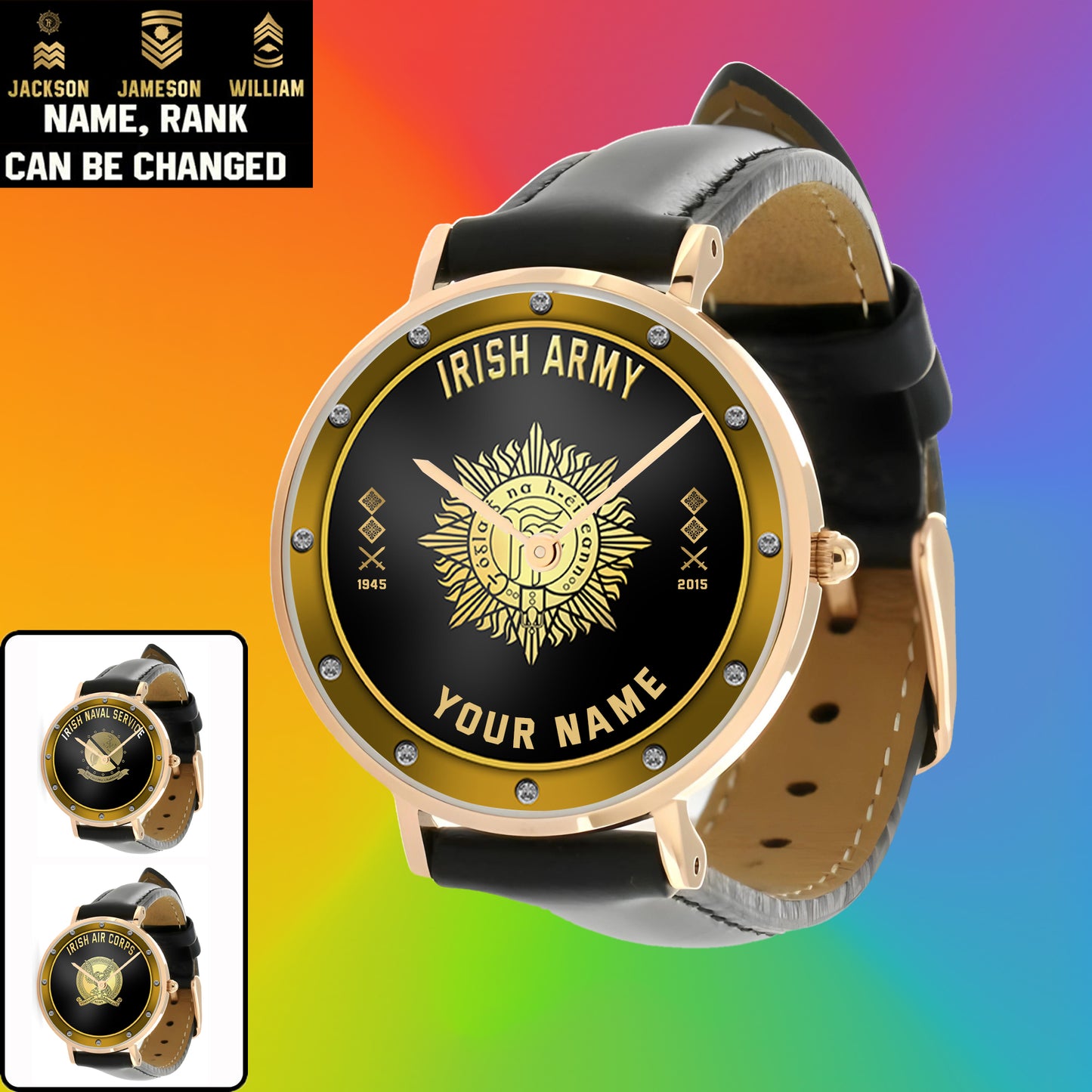 Montre personnalisée en cuir noir avec coutures noires pour soldat/vétéran irlandais avec nom, grade et année - 1803240001 - Version dorée