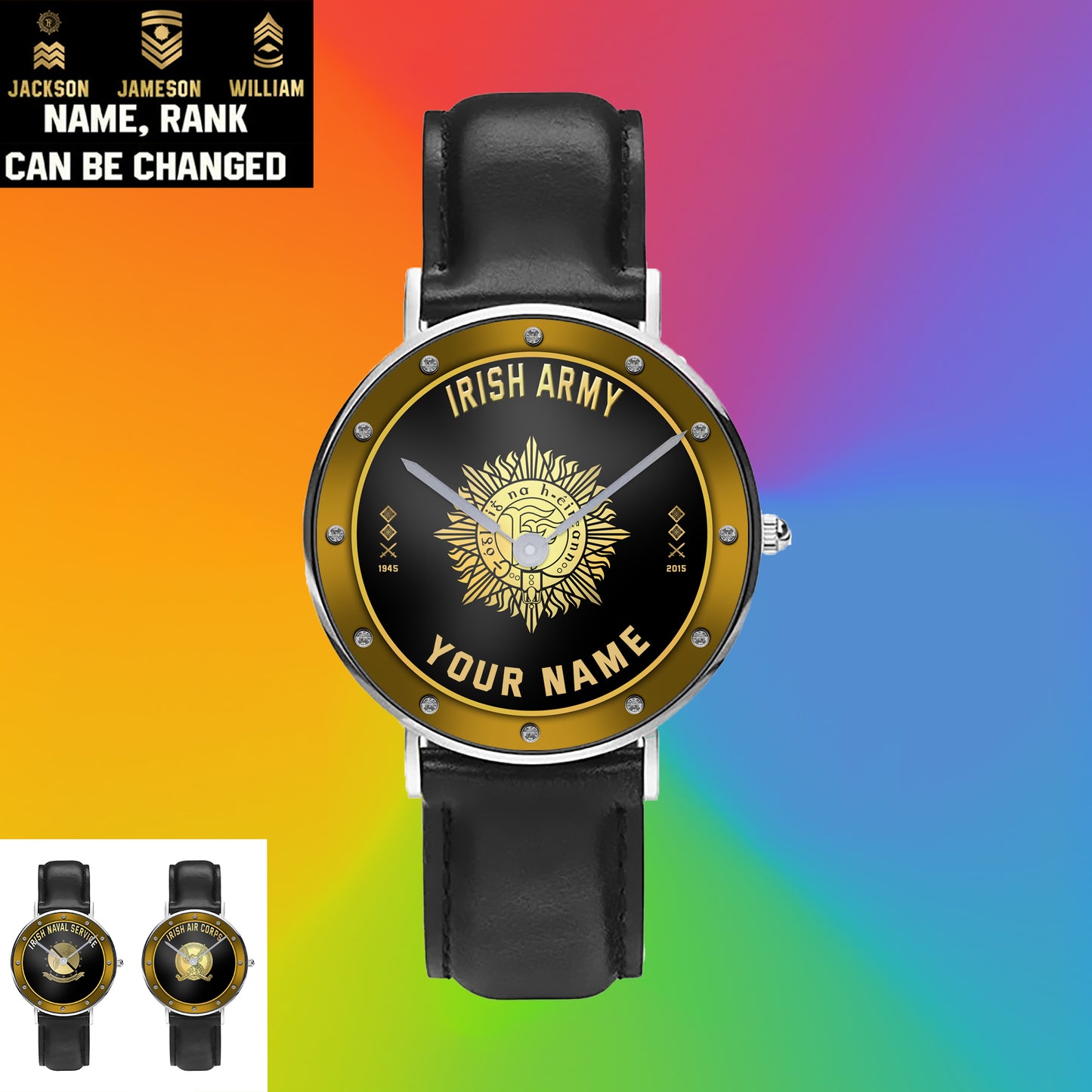 Montre personnalisée en cuir noir avec coutures noires pour soldat/vétéran irlandais avec nom, grade et année - 1803240001 - Version dorée