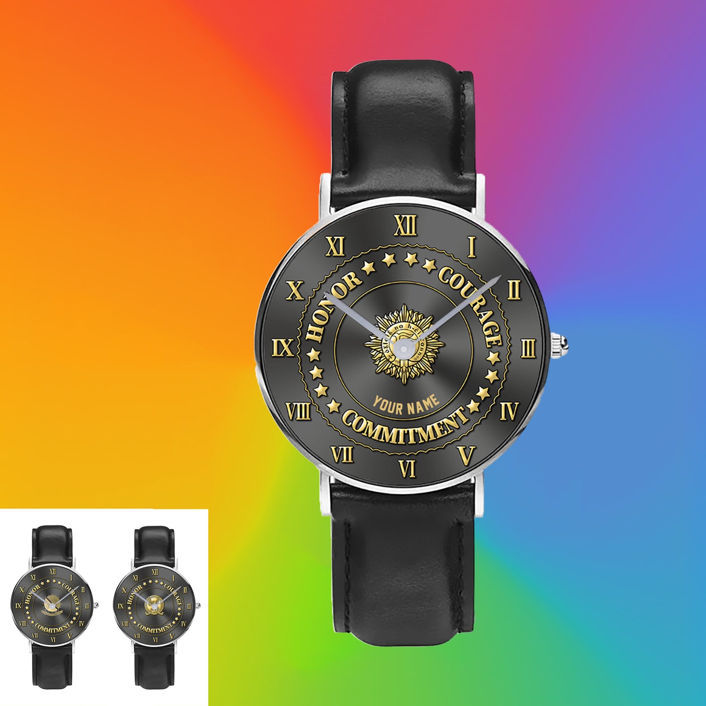 Montre personnalisée en cuir noir avec nom de soldat/vétéran irlandais - 2203240001 - Version dorée