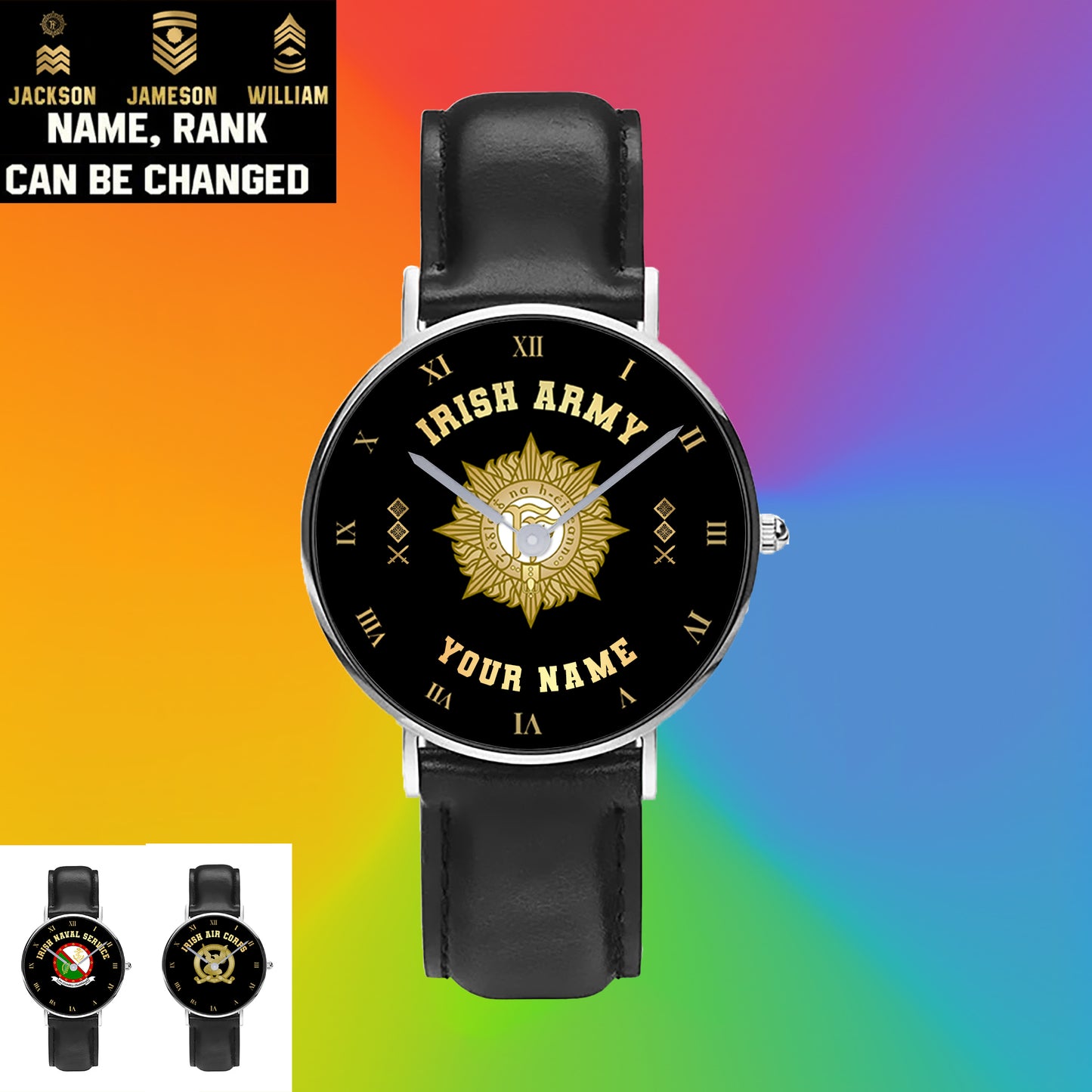 Montre personnalisée en cuir noir avec coutures noires pour soldat/vétéran irlandais avec nom et grade - 0803240001 - Version dorée