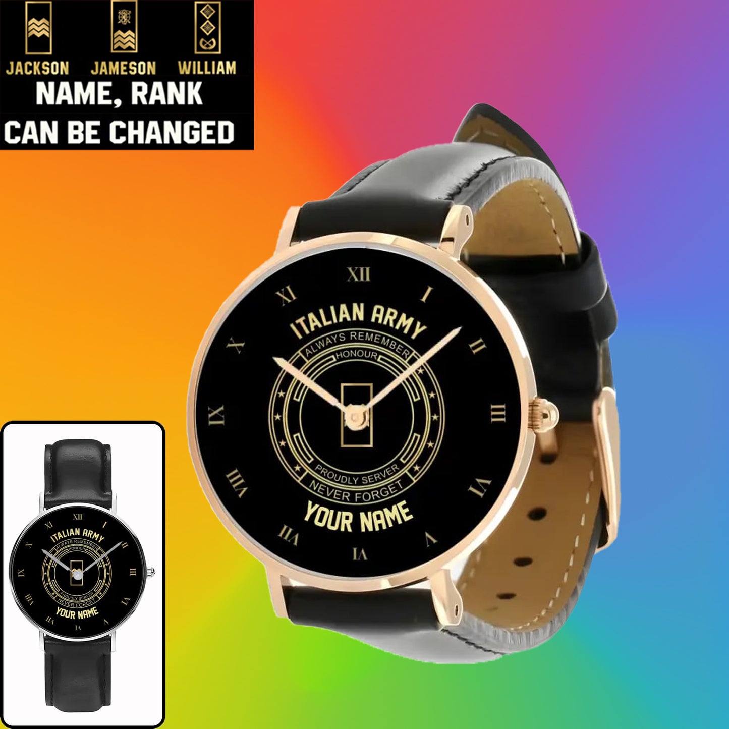 Montre personnalisée en cuir noir avec coutures noires pour soldat/vétéran italien avec nom et grade - 2803240001 - Version dorée