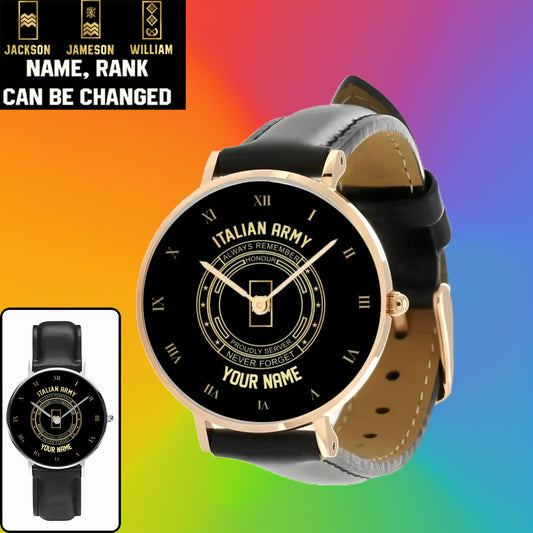 Personalized Italy Soldier/ Veteran With Name, Rank Black Stitched Leather Watch - 2803240001 - Gold Version