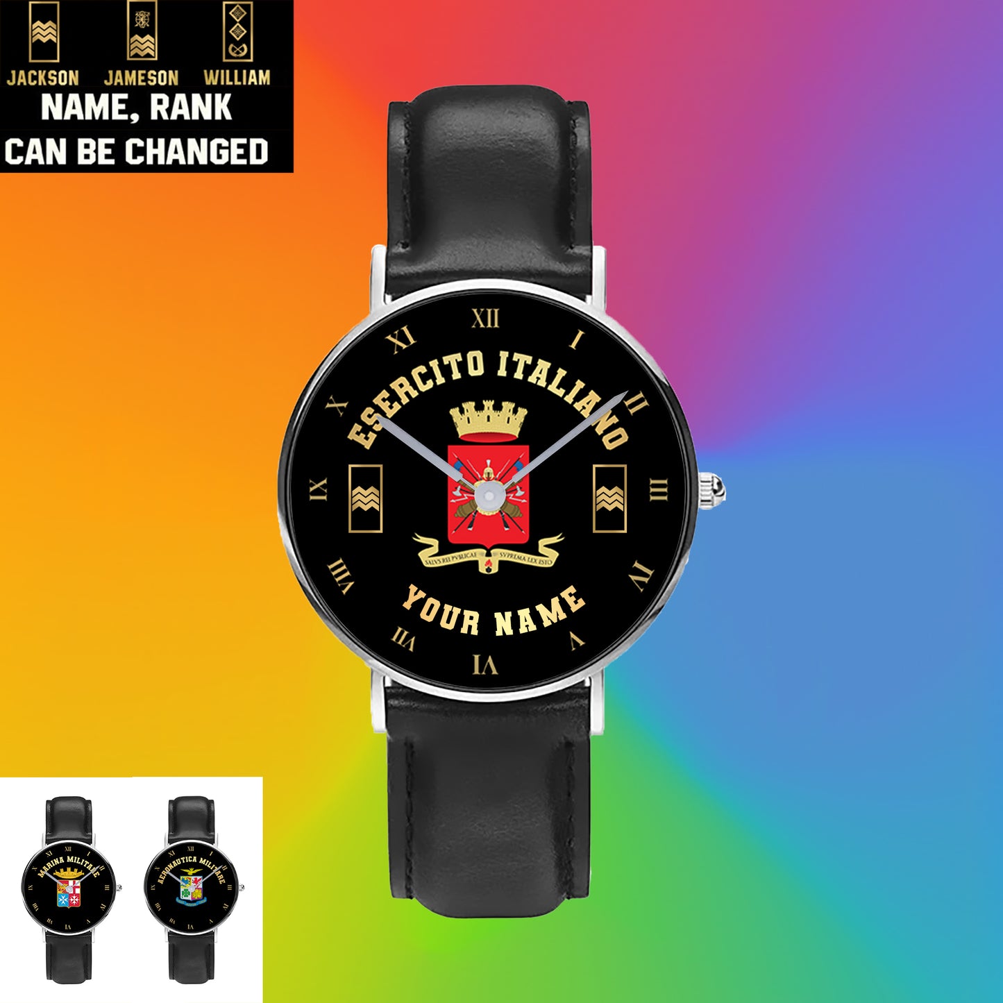 Montre personnalisée en cuir noir avec coutures noires pour soldat/vétéran italien avec nom et grade - 0803240001 - Version dorée