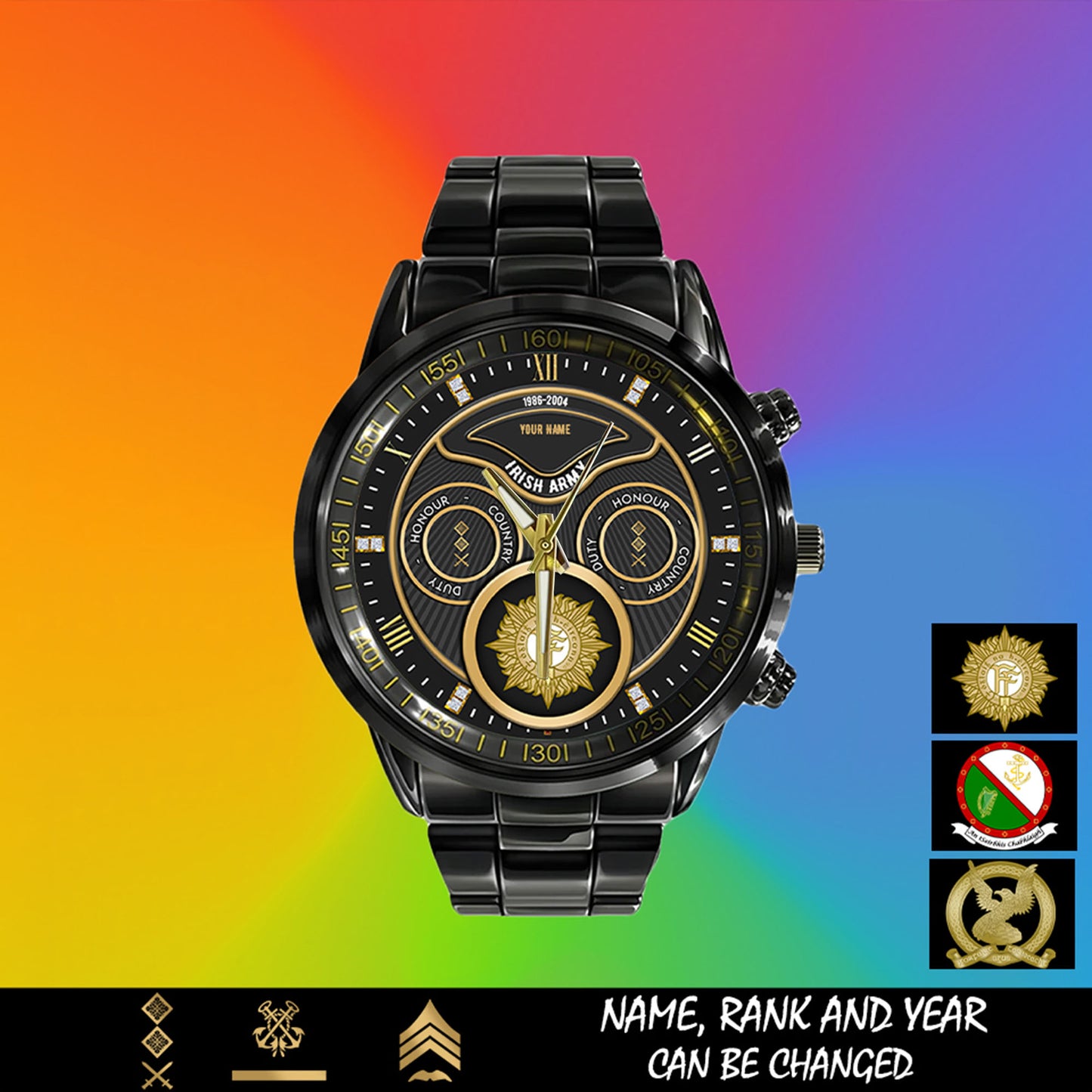 Personalized Ireland Soldier/ Veteran With Name, Rank And Year Black Stainless Steel Watch - 17286660 - Gold Version