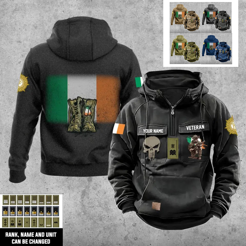 Sweat à capuche vintage personnalisé avec nom et grade de soldat/vétéran irlandais imprimé sur toute la surface - 17203968