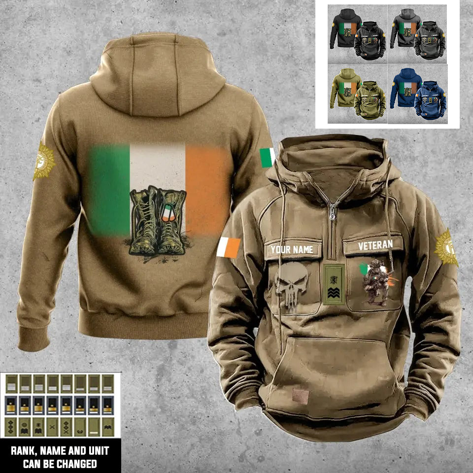 Personalisierter irischer Soldat/Veteran mit Rang und Namen, Vintage-Kapuzenpullover, komplett bedruckt – 17203968