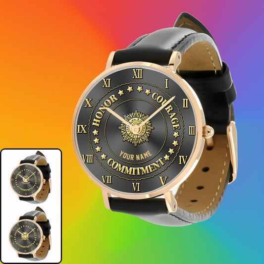 Montre personnalisée en cuir noir avec nom de soldat/vétéran irlandais - 2203240001 - Version dorée