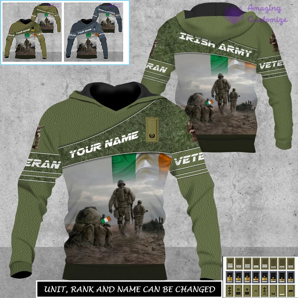 Sweat à capuche personnalisé avec motif camouflage soldat/vétéran irlandais et nom, grade, imprimé sur toute la surface - 17267904