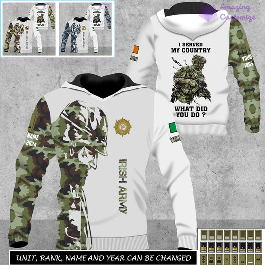 Sweat à capuche personnalisé avec motif camouflage soldat/vétéran irlandais et nom, grade, imprimé sur toute la surface - 17262720