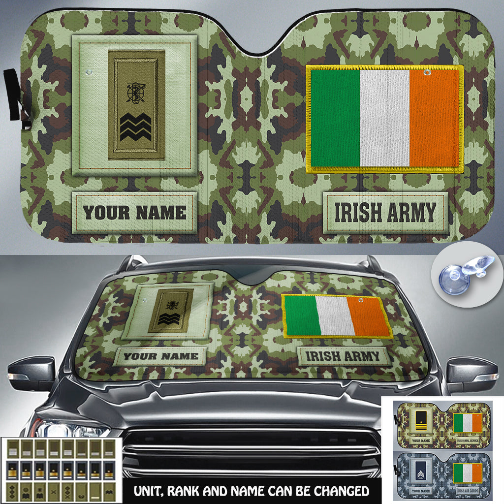 Pare-soleil de voiture personnalisé avec camouflage soldat/vétéran irlandais avec nom et grade - 17230752