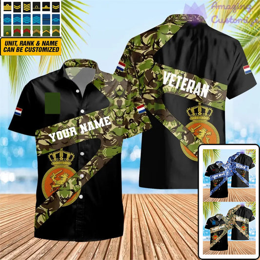 Personalisiertes Hawaiihemd mit 3D-Druck für niederländische Soldaten/Veteranen im Camouflage-Muster mit Namen und Rang – 3001240001