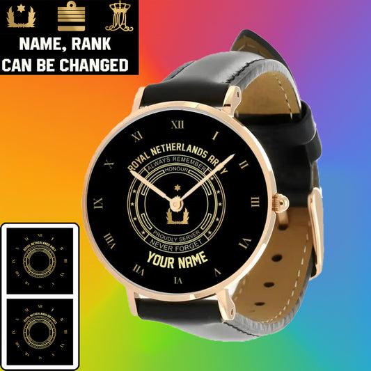 Personalized Netherlands Soldier/ Veteran With Name, Rank Black Stitched Leather Watch - 2803240001 - Gold Version