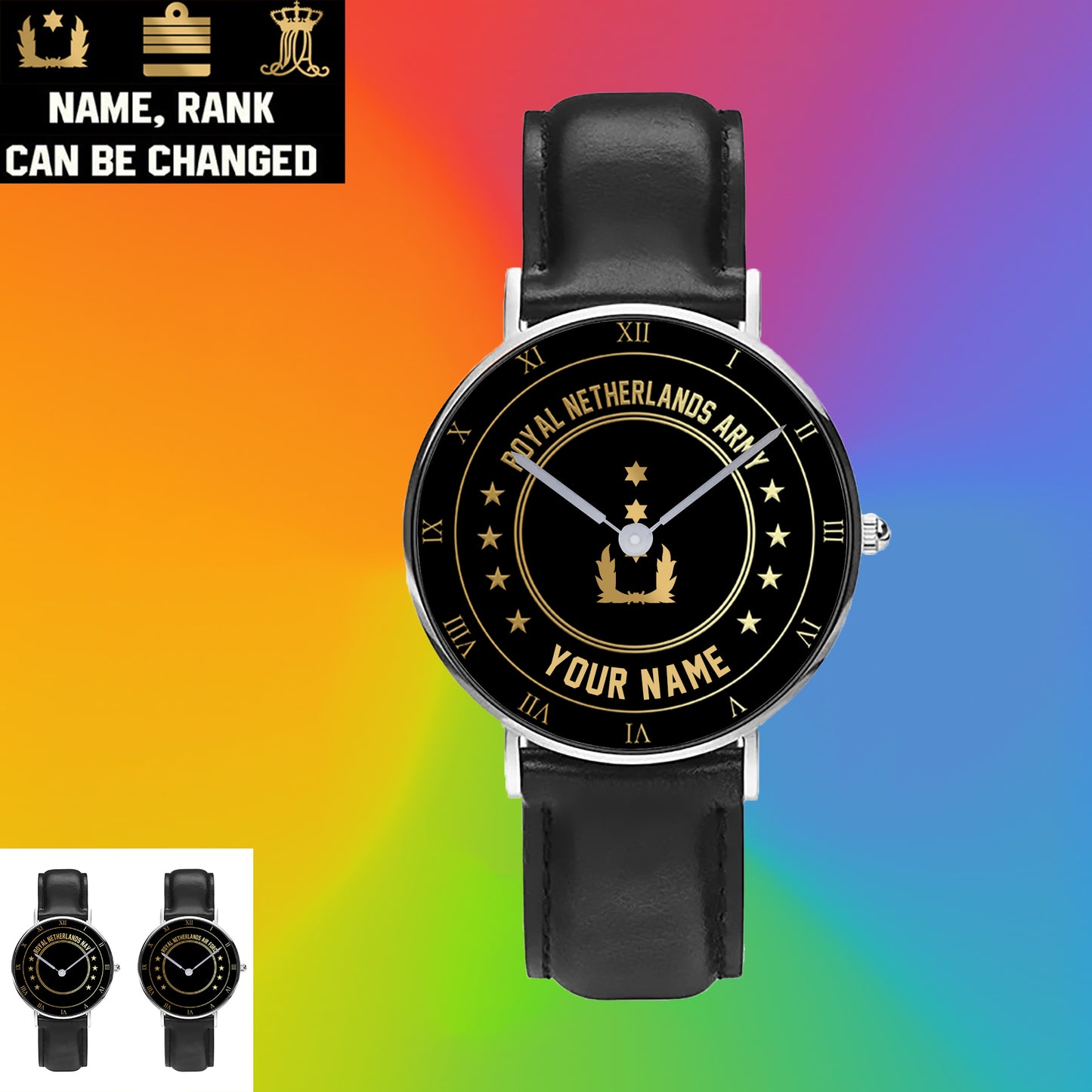 Montre personnalisée en cuir noir avec coutures noires pour soldat/vétéran néerlandais avec nom et grade - 2003240001 - Version dorée