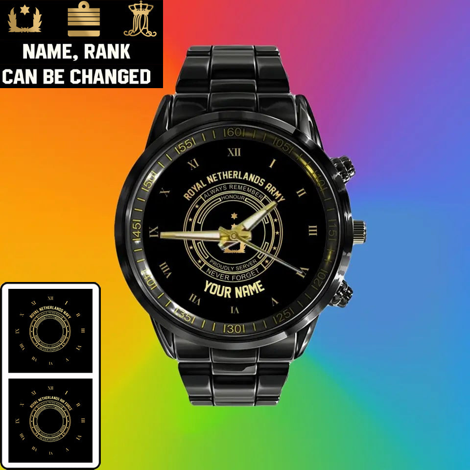 Personalized Netherlands Soldier/ Veteran With Name And Rank Black Stainless Steel Watch - 17115840 - Gold Version