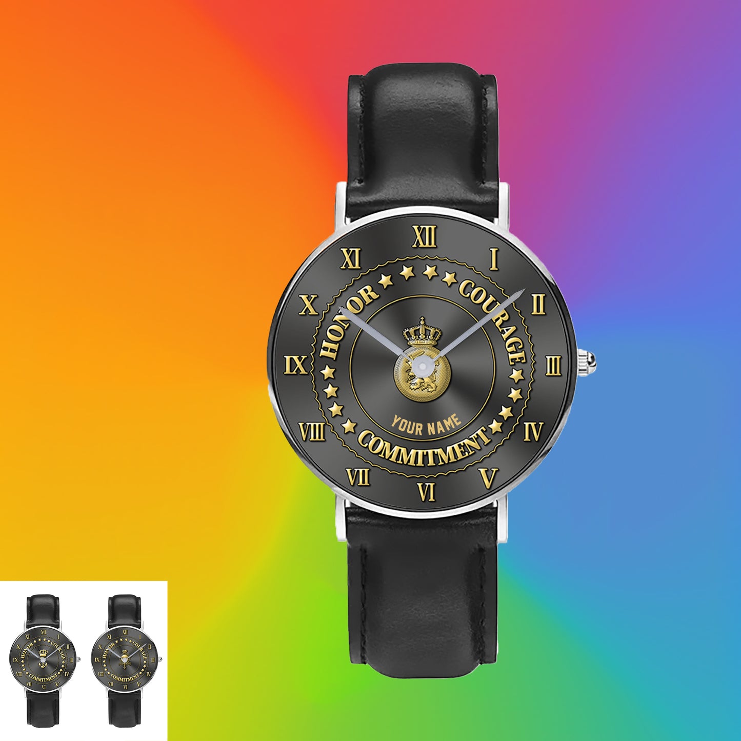 Montre personnalisée en cuir noir avec coutures noires pour soldat/vétéran des Pays-Bas - 2203240001 - Version dorée