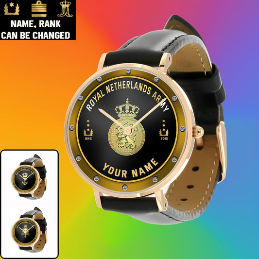 Personalized Netherlands Soldier/ Veteran With Name, Rank And Year Black Stitched Leather Watch - 1803240001 - Gold Version