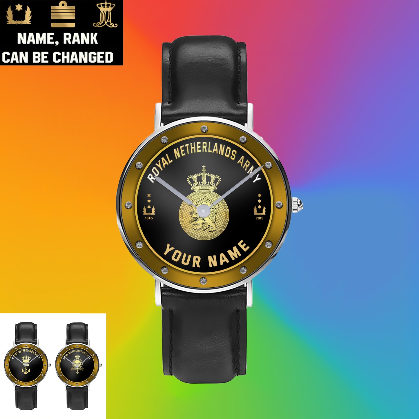 Montre personnalisée en cuir noir avec coutures noires pour soldat/vétéran des Pays-Bas avec nom, grade et année - 1803240001 - Version dorée