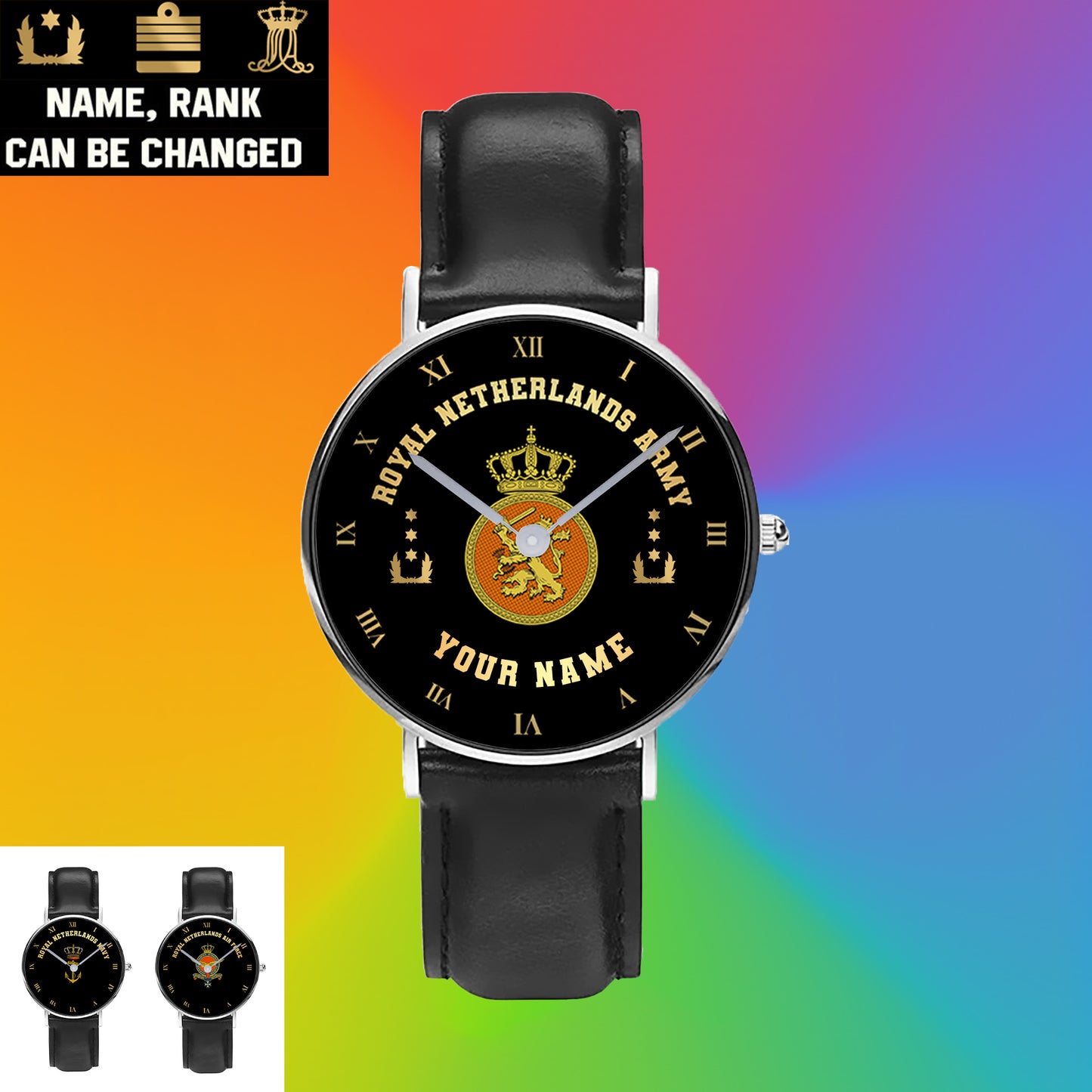 Montre personnalisée en cuir noir cousu avec nom et grade pour soldat/vétéran néerlandais - 0803240001 - Version dorée