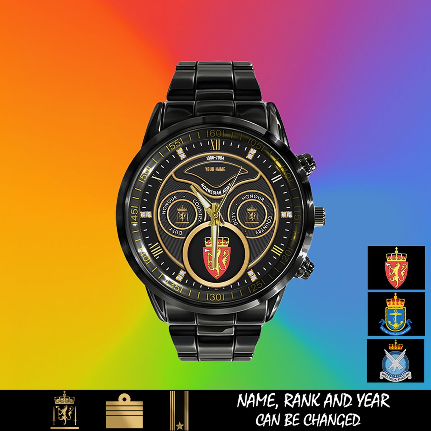 Personalized Norway Soldier/ Veteran With Name, Rank And Year Black Stainless Steel Watch - 17286660 - Gold Version