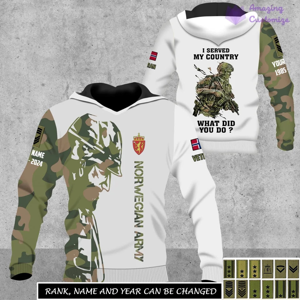 Sweat à capuche personnalisé avec camouflage soldat/vétéran norvégien avec nom et grade imprimé sur toute la surface - 17262720