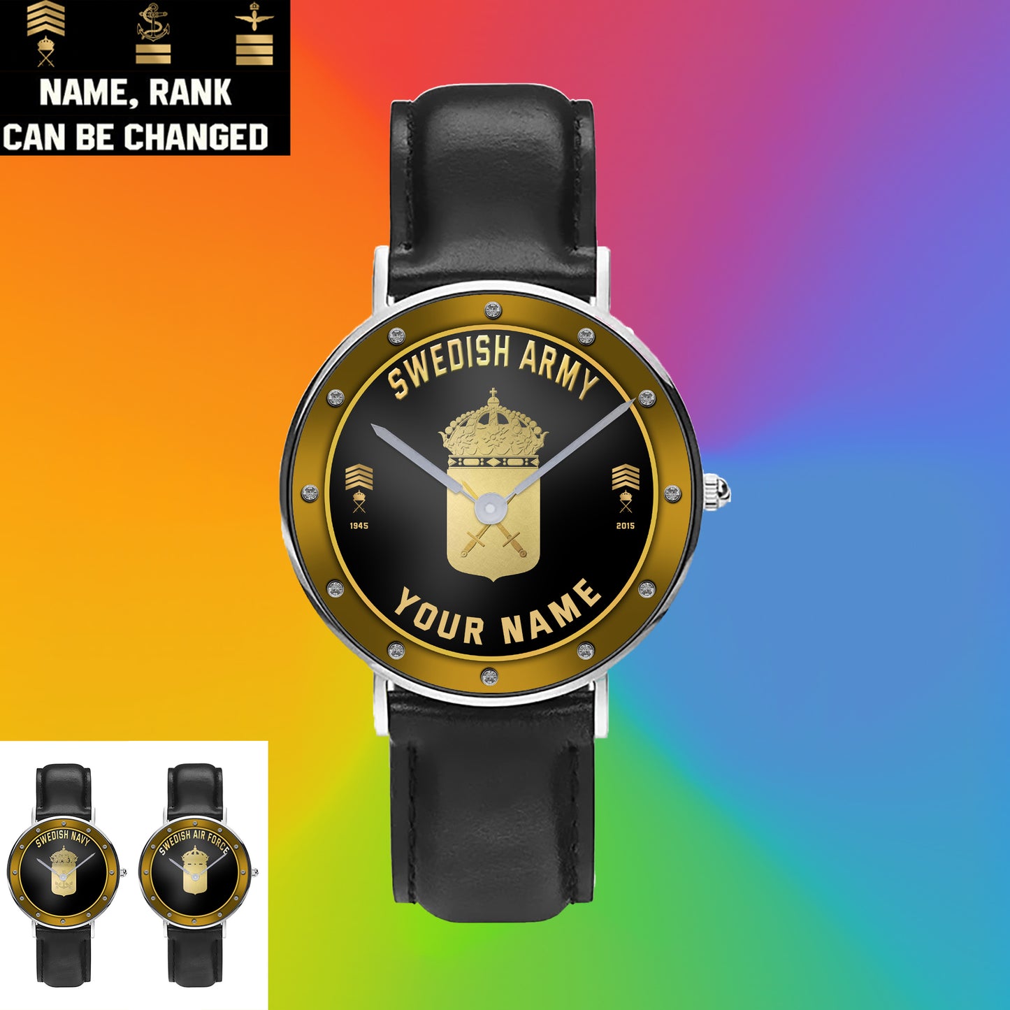 Personalized Sweden Soldier/ Veteran With Name, Rank And Year Black Stitched Leather Watch - 1803240001 - Gold Version