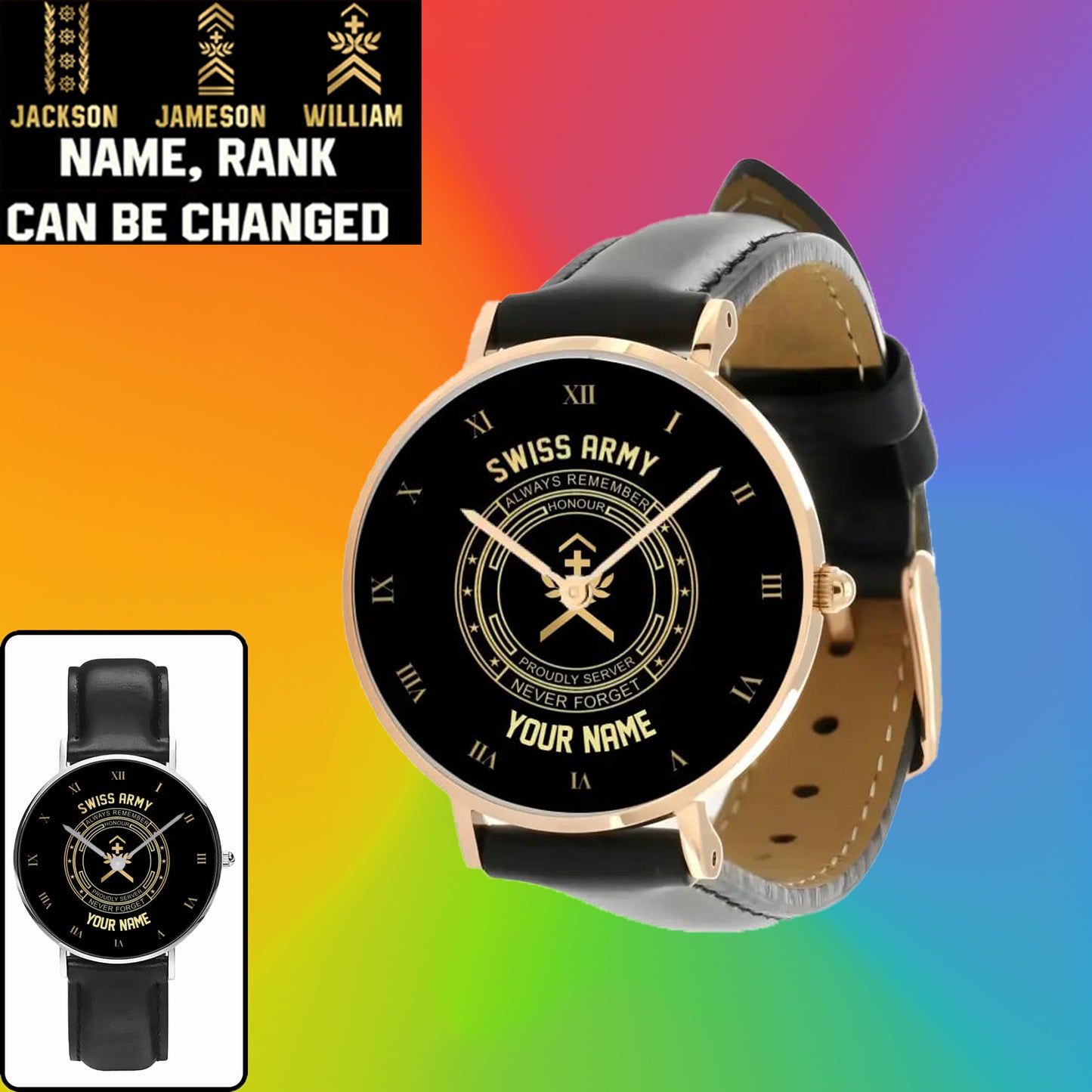 Personalisierte Schweizer Soldat/Veteran mit Namen, Rang, schwarze genähte Lederuhr – 2803240001 – Goldversion