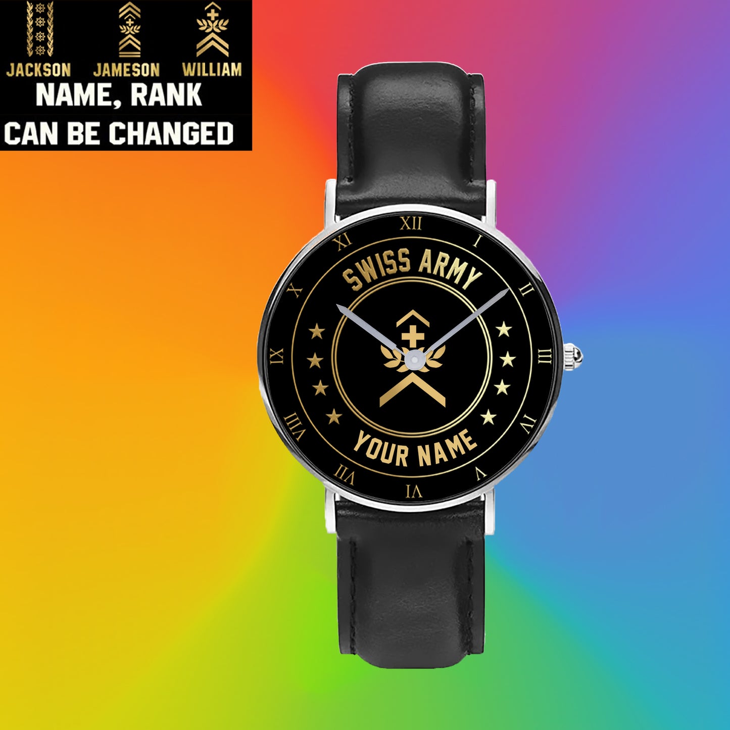 Personalisierte Schweizer Soldat/Veteran mit Namen und Rang, schwarze genähte Lederuhr – 2003240001 – Goldversion