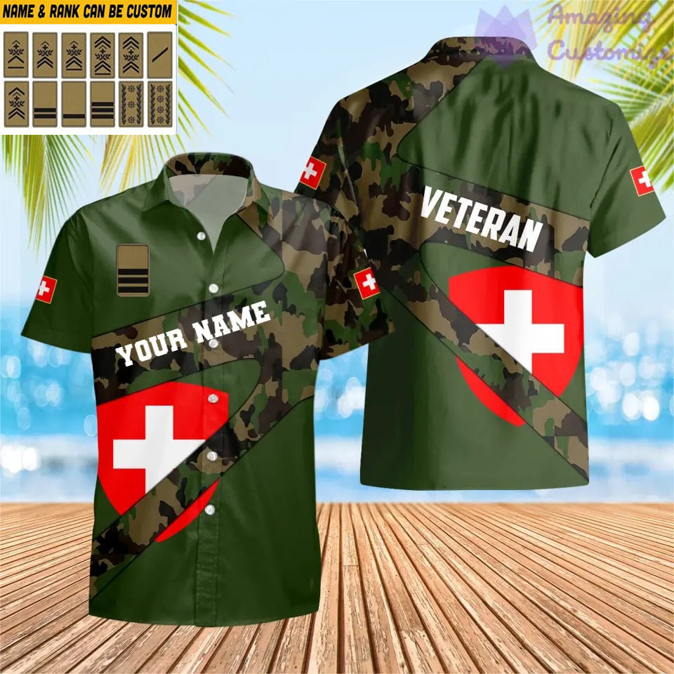 T-shirt Hawaï personnalisé avec camouflage soldat/vétéran suisse avec nom et grade imprimé en 3D - 2601240001