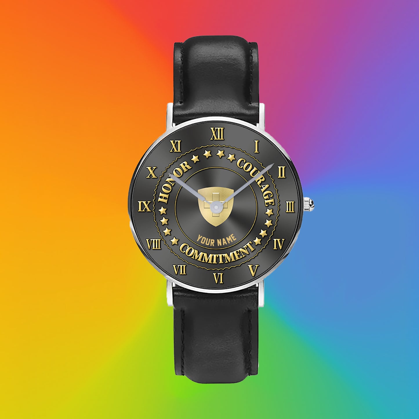 Personalisierte Schweizer Soldat/Veteran mit Namen, schwarze genähte Lederuhr – 2203240001 – Goldversion