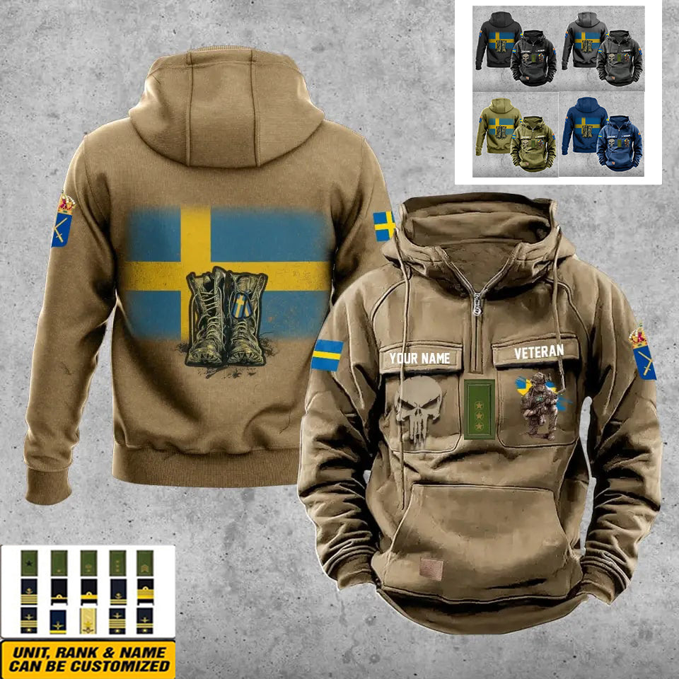 Personalisierter schwedischer Soldat/Veteran mit Rang und Namen, Vintage-Kapuzenpullover, komplett bedruckt – 17203968