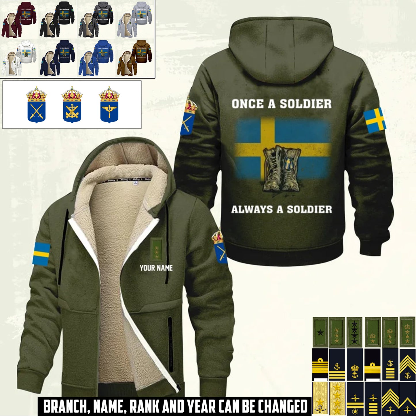 Personalized Sweden Soldier/ Veteran With Name And Rank Hoodie Zip Velvet Coat - 17359488